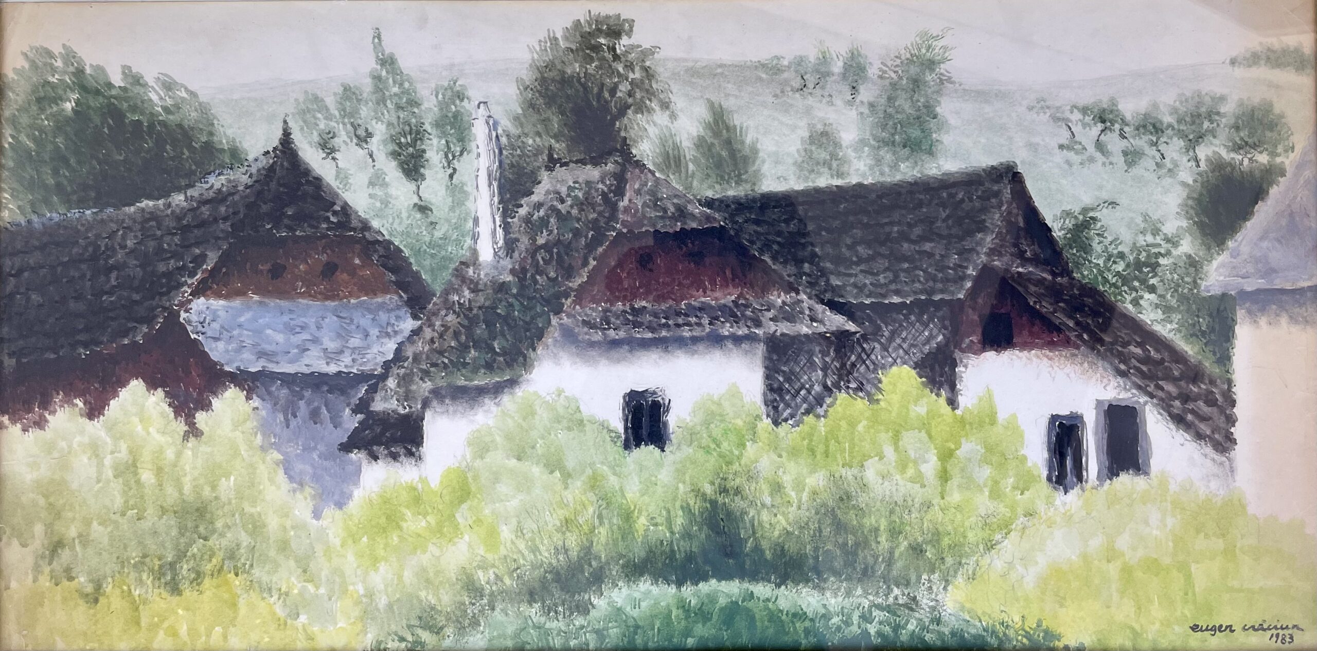 Eugen Crăciun, Așezare, 1983, ulei/carton, 83,5×43,5 cm